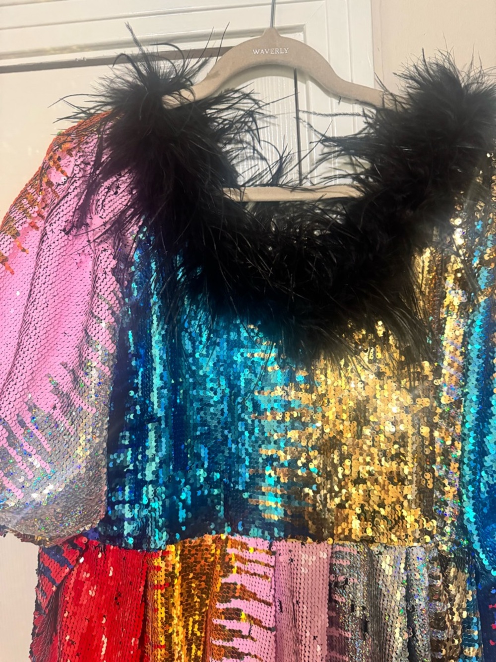 QUEEN OF SPARKLES Multicolor Sequin Tiered Dress with Black Feather Trim - Picture 2 of 3
